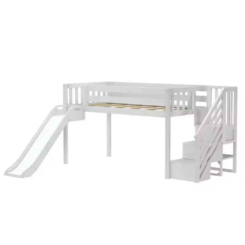 Lit mezzanine bas jumeaux Max & Lily avec toboggan et escaliers, lit plateforme enfant en bois massif avec 14 garde-corps