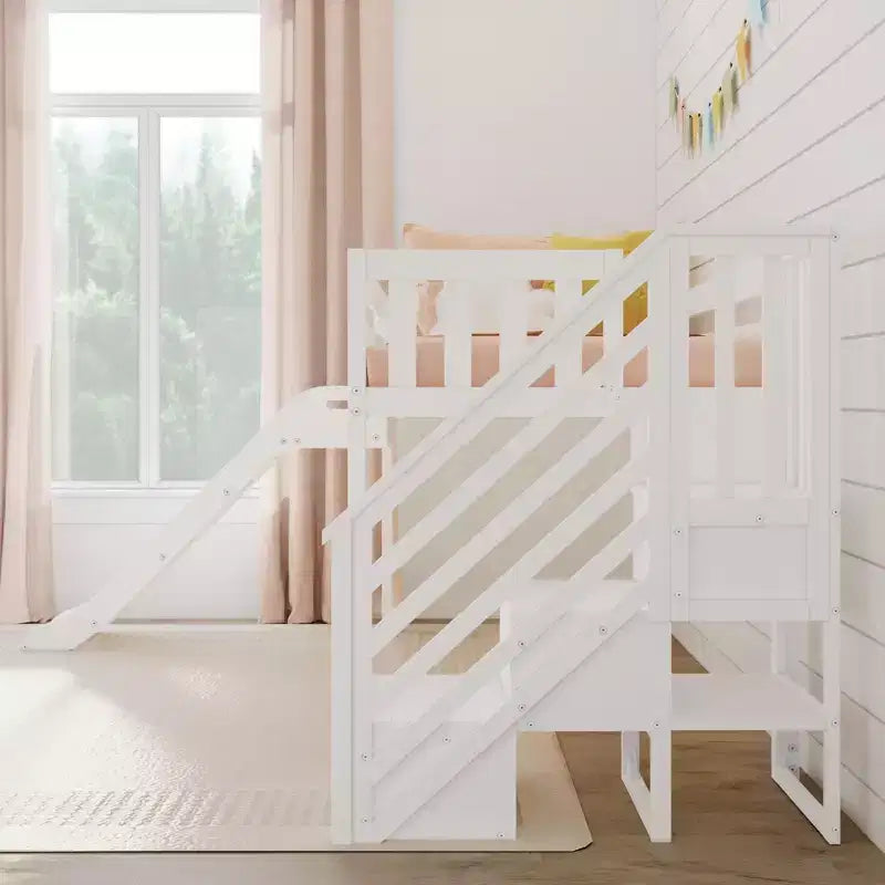 Lit mezzanine bas jumeaux Max & Lily avec toboggan et escaliers, lit plateforme enfant en bois massif avec 14 garde-corps