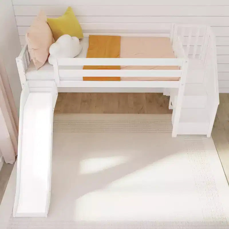 Lit mezzanine bas jumeaux Max & Lily avec toboggan et escaliers, lit plateforme enfant en bois massif avec 14 garde-corps