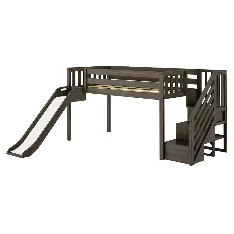 Lit mezzanine bas jumeaux Max & Lily avec toboggan et escaliers, lit plateforme enfant en bois massif avec 14 garde-corps