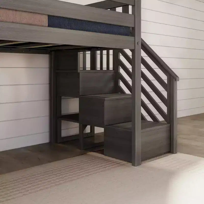 Lit mezzanine bas jumeaux Max & Lily avec toboggan et escaliers, lit plateforme enfant en bois massif avec 14 garde-corps