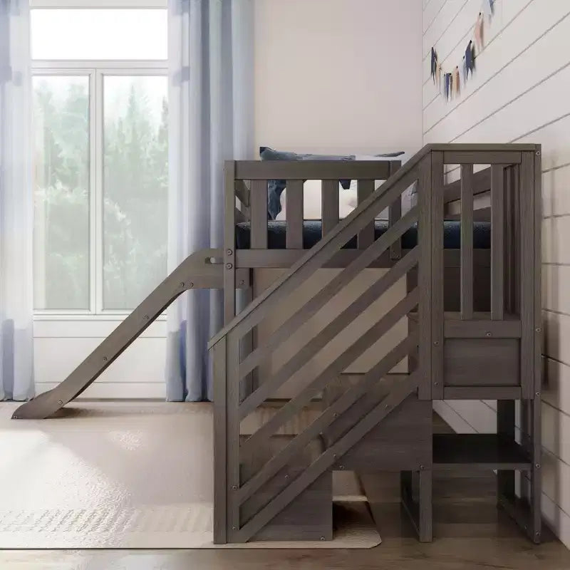 Lit mezzanine bas jumeaux Max & Lily avec toboggan et escaliers, lit plateforme enfant en bois massif avec 14 garde-corps
