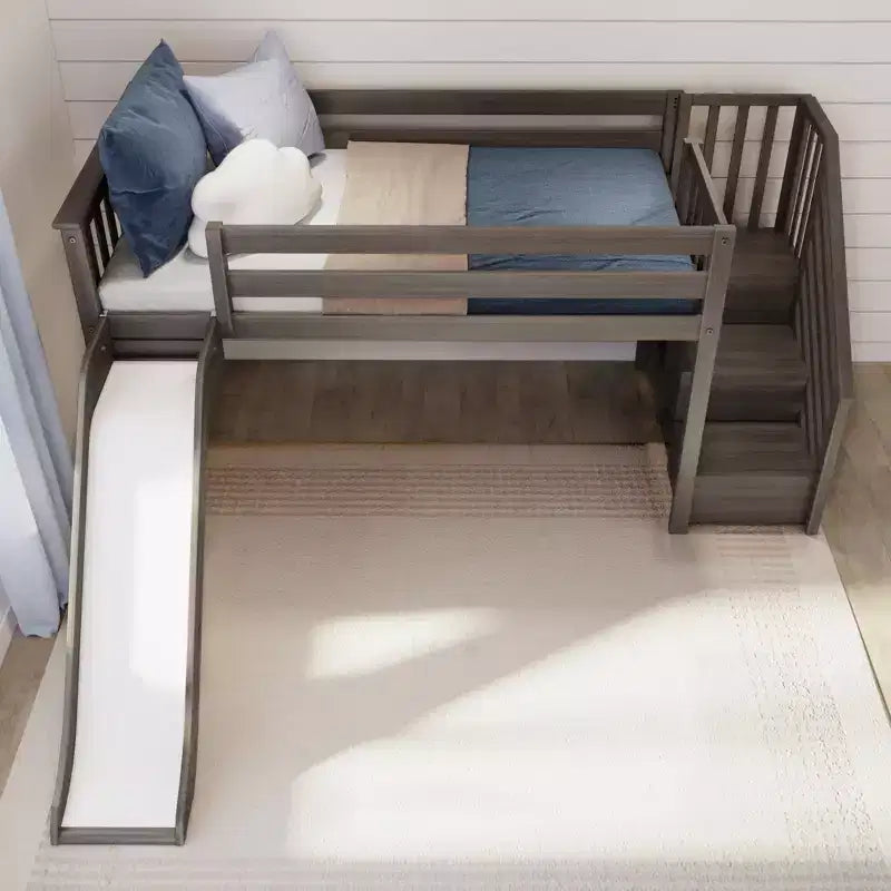 Lit mezzanine bas jumeaux Max & Lily avec toboggan et escaliers, lit plateforme enfant en bois massif avec 14 garde-corps