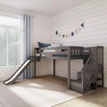 Lit mezzanine bas jumeaux Max & Lily avec toboggan et escaliers, lit plateforme enfant en bois massif avec 14 garde-corps