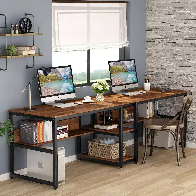 Lantine Double Desk with Bookshelf, 78.7 Computer Office Double Desk for Two Persons, Writing Desk Workstation with Shelf for Home Office