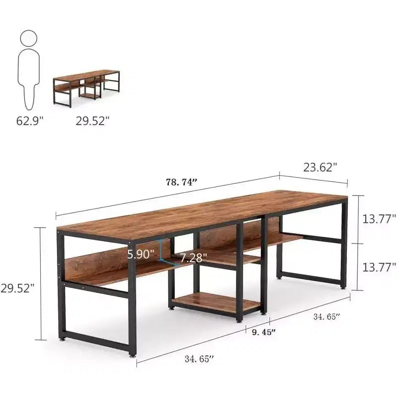 Lantine Double Desk with Bookshelf, 78.7 Computer Office Double Desk for Two Persons, Writing Desk Workstation with Shelf for Home Office