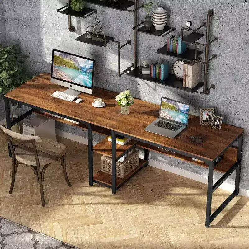 Lantine Double Desk with Bookshelf, 78.7 Computer Office Double Desk for Two Persons, Writing Desk Workstation with Shelf for Home Office