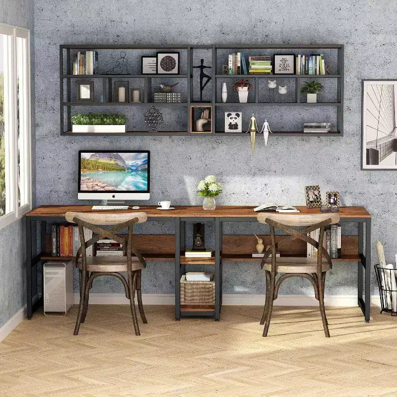 Lantine Double Desk with Bookshelf, 78.7 Computer Office Double Desk for Two Persons, Writing Desk Workstation with Shelf for Home Office