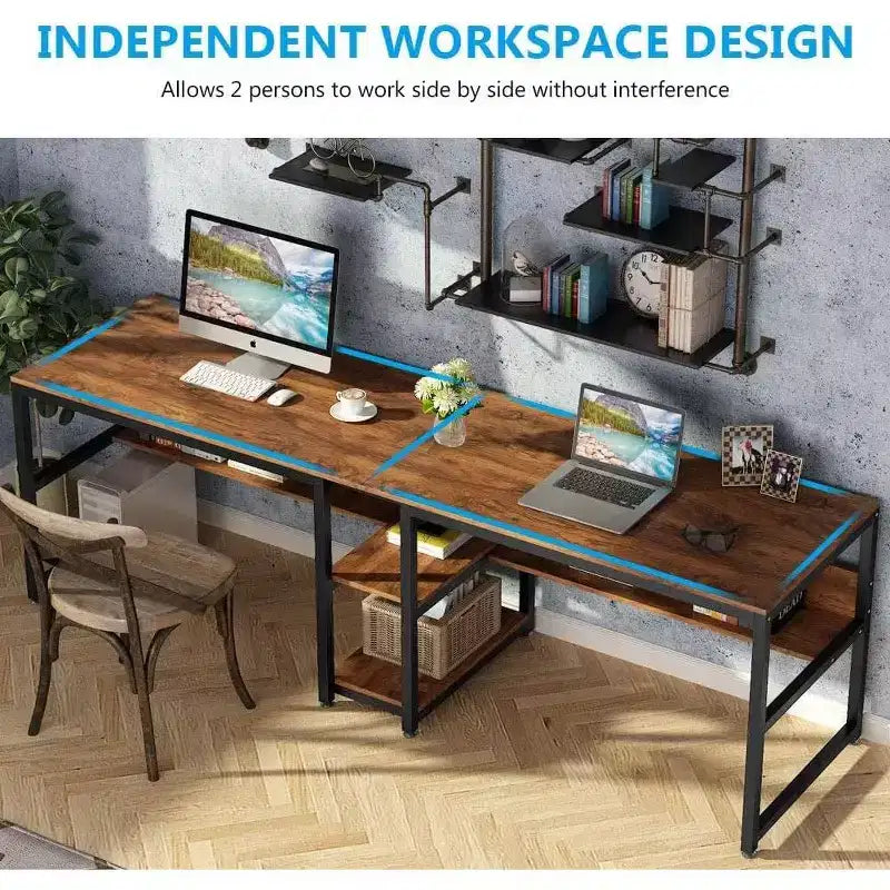 Lantine Double Desk with Bookshelf, 78.7 Computer Office Double Desk for Two Persons, Writing Desk Workstation with Shelf for Home Office