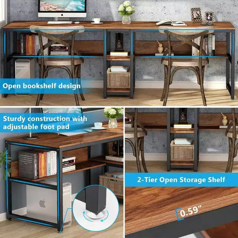 Lantine Double Desk with Bookshelf, 78.7 Computer Office Double Desk for Two Persons, Writing Desk Workstation with Shelf for Home Office