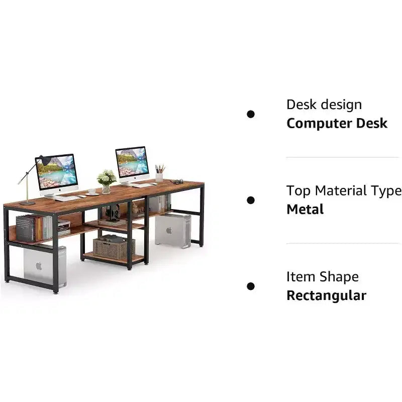 Lantine Double Desk with Bookshelf, 78.7 Computer Office Double Desk for Two Persons, Writing Desk Workstation with Shelf for Home Office