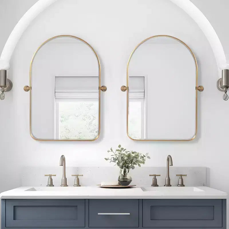 Dovelina Arched Metal Frame Pivot Decorative Wall Mirror with Rounded Corners Frame 36x24(Set of 2)-Gold