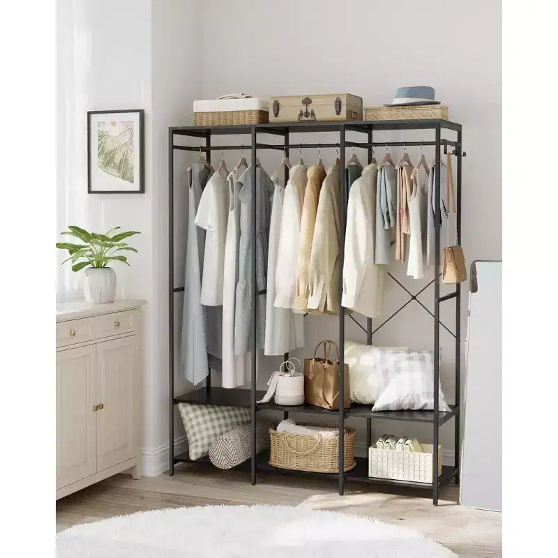 SONGMICS Clothes Rack, Iron and Wood Wardrobe Closet Organizer, Heavy Duty Garment Rack with Hanging Rods