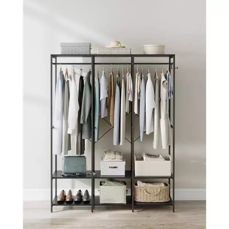 SONGMICS Clothes Rack, Iron and Wood Wardrobe Closet Organizer, Heavy Duty Garment Rack with Hanging Rods