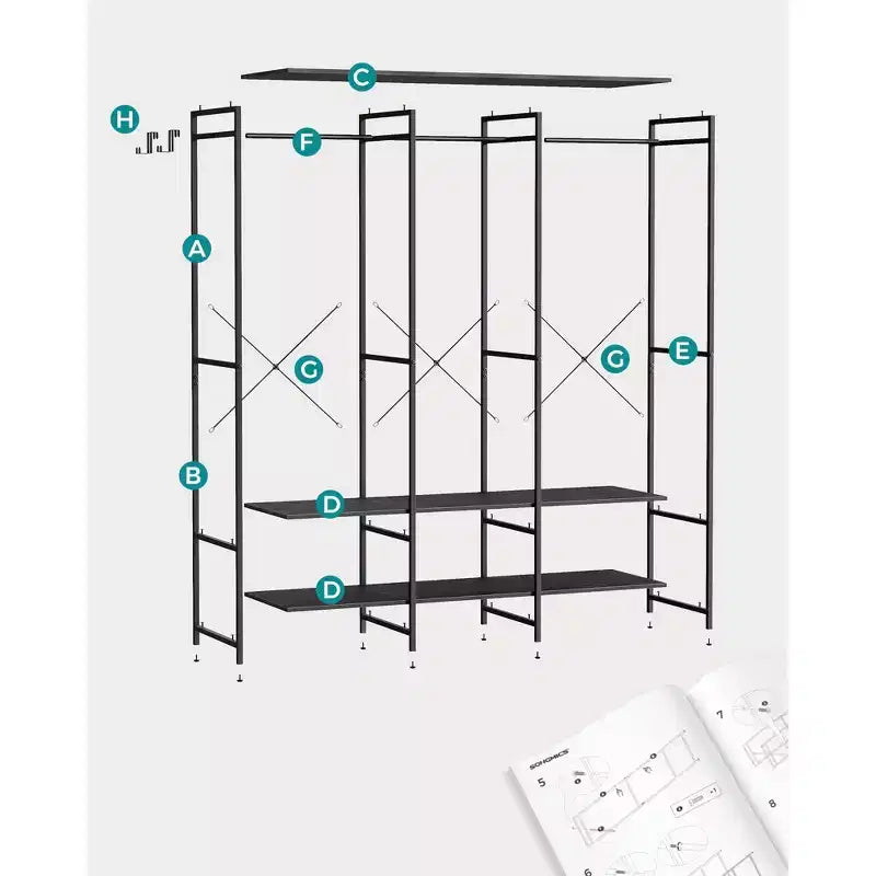 SONGMICS Clothes Rack, Iron and Wood Wardrobe Closet Organizer, Heavy Duty Garment Rack with Hanging Rods