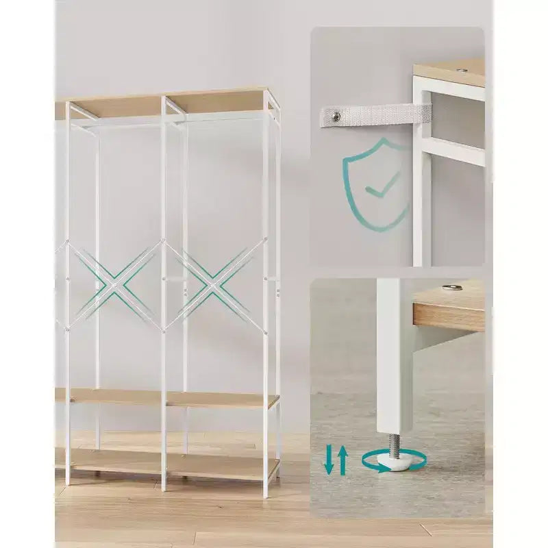 SONGMICS Clothes Rack, Iron and Wood Wardrobe Closet Organizer, Heavy Duty Garment Rack with Hanging Rods