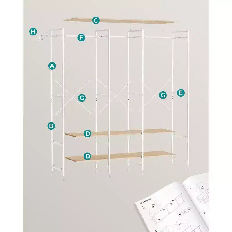SONGMICS Clothes Rack, Iron and Wood Wardrobe Closet Organizer, Heavy Duty Garment Rack with Hanging Rods