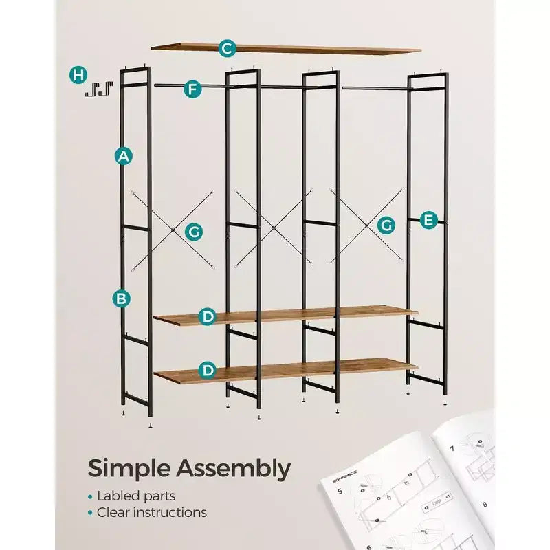 SONGMICS Clothes Rack, Iron and Wood Wardrobe Closet Organizer, Heavy Duty Garment Rack with Hanging Rods