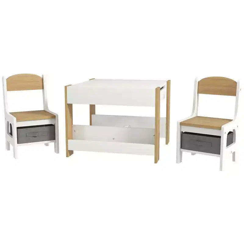 Qaba 3PCs Kids Table and Chair Set, 2 in 1 Toddler Table and Chair Set with Reversible Tabletop Blackboard, Storage & Bookshelves