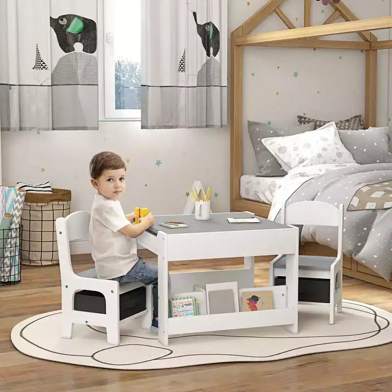 Qaba 3PCs Kids Table and Chair Set, 2 in 1 Toddler Table and Chair Set with Reversible Tabletop Blackboard, Storage & Bookshelves