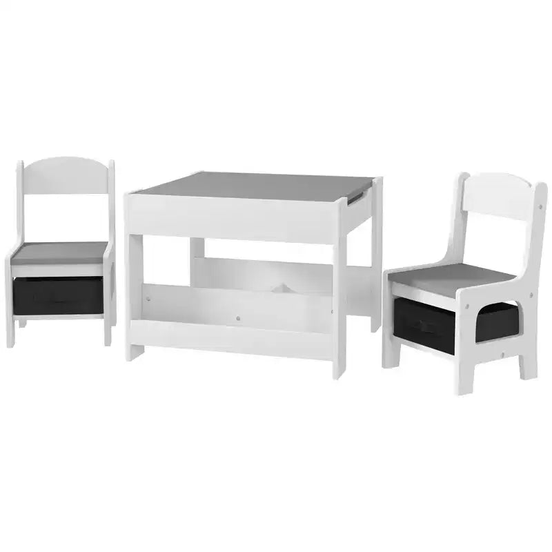 Qaba 3PCs Kids Table and Chair Set, 2 in 1 Toddler Table and Chair Set with Reversible Tabletop Blackboard, Storage & Bookshelves