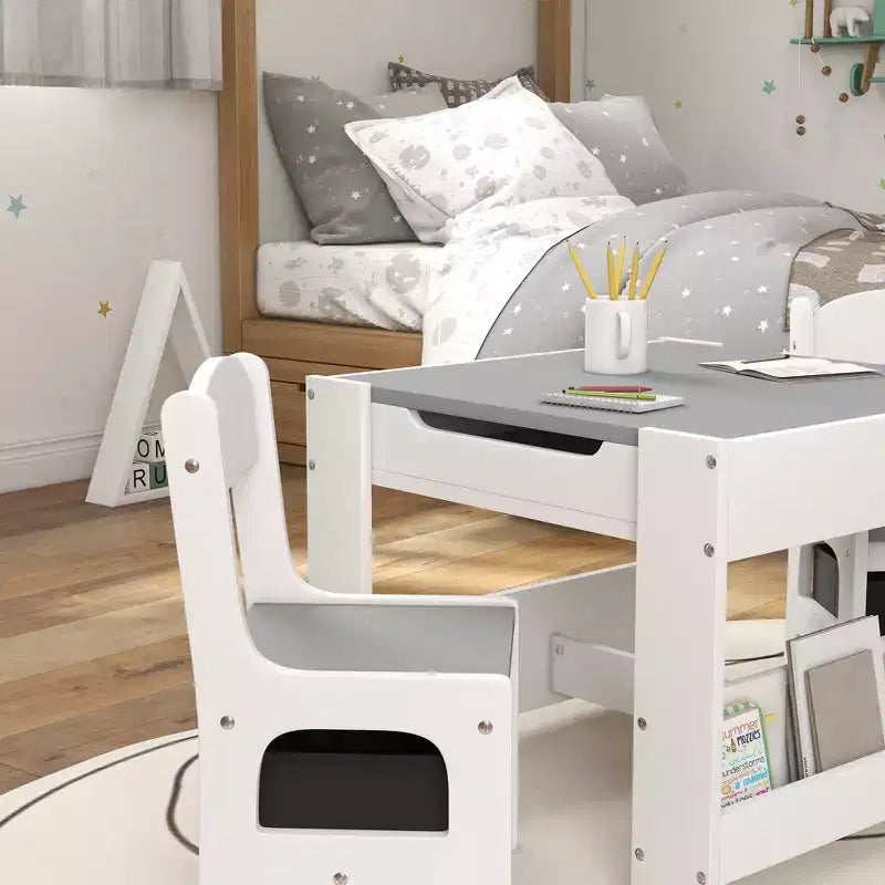Qaba 3PCs Kids Table and Chair Set, 2 in 1 Toddler Table and Chair Set with Reversible Tabletop Blackboard, Storage & Bookshelves