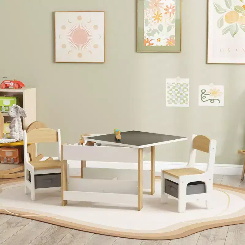 Qaba 3PCs Kids Table and Chair Set, 2 in 1 Toddler Table and Chair Set with Reversible Tabletop Blackboard, Storage & Bookshelves