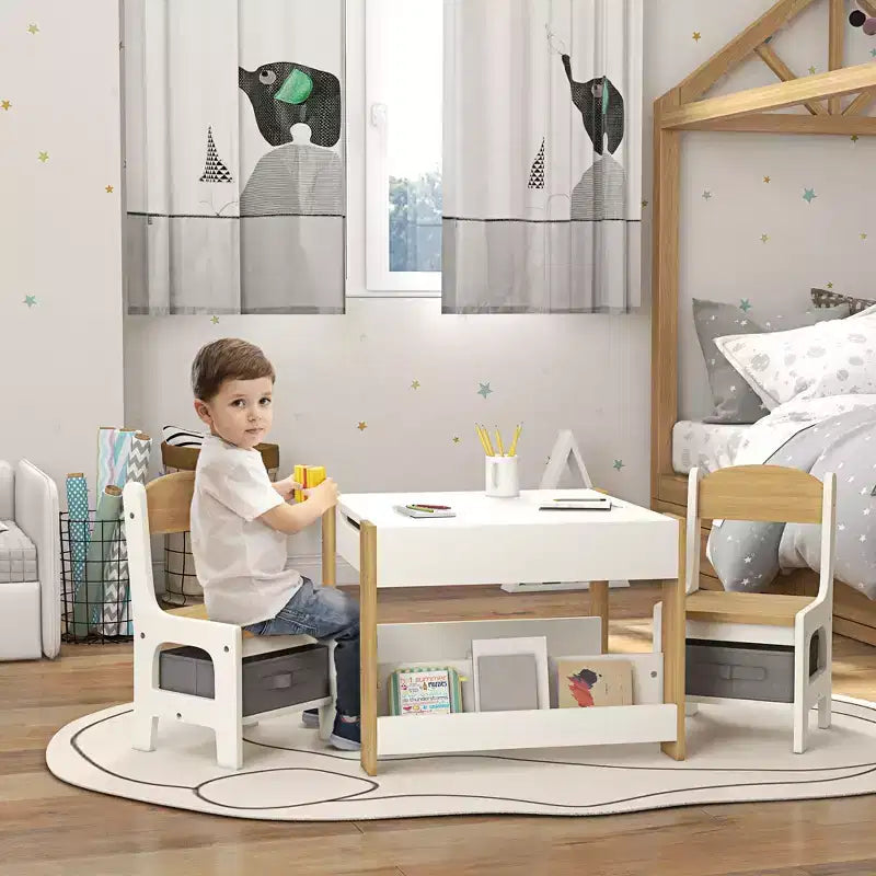 Qaba 3PCs Kids Table and Chair Set, 2 in 1 Toddler Table and Chair Set with Reversible Tabletop Blackboard, Storage & Bookshelves