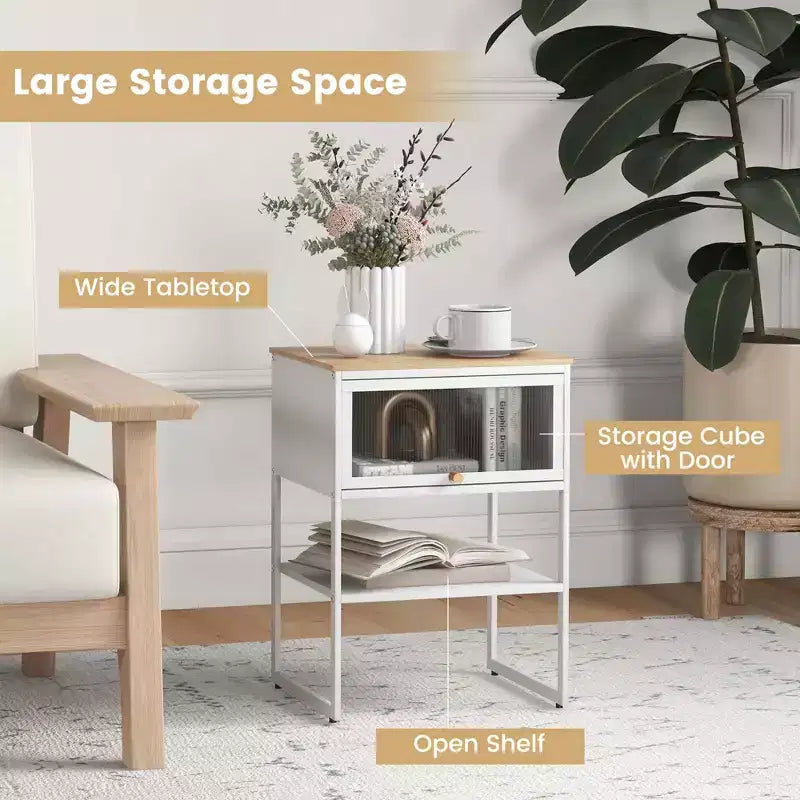 Costway 1/2 PCS Home Nightstand 3-Tier Storage Table with Open Shelf Heavy-duty Metal Frame