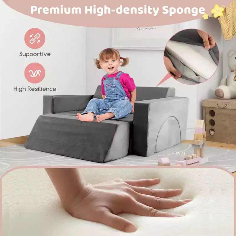 Costway Kids Modular Play Sofa 8 PCS with Detachable Cover for Playroom & Bedroom Indoor Pink/Grey