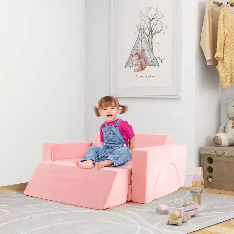 Costway Kids Modular Play Sofa 8 PCS with Detachable Cover for Playroom & Bedroom Indoor Pink/Grey