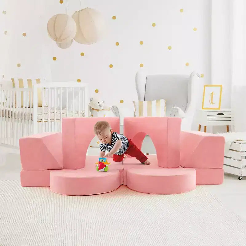 Costway Kids Modular Play Sofa 8 PCS with Detachable Cover for Playroom & Bedroom Indoor Pink/Grey