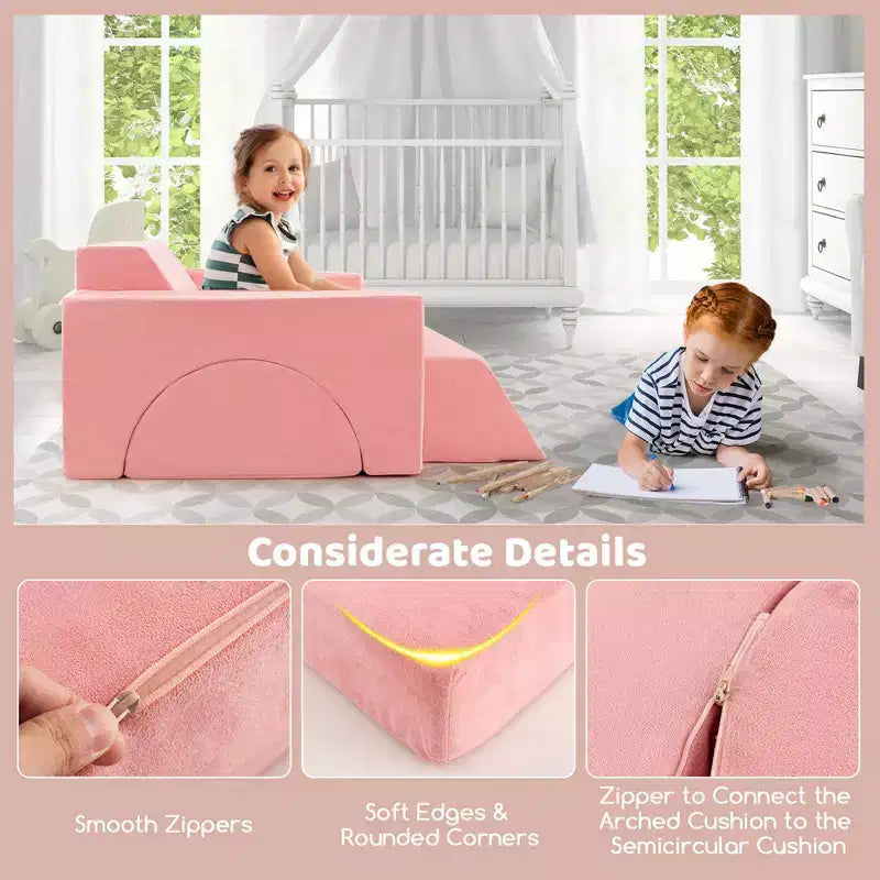 Costway Kids Modular Play Sofa 8 PCS with Detachable Cover for Playroom & Bedroom Indoor Pink/Grey