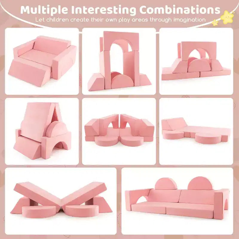 Costway Kids Modular Play Sofa 8 PCS with Detachable Cover for Playroom & Bedroom Indoor Pink/Grey