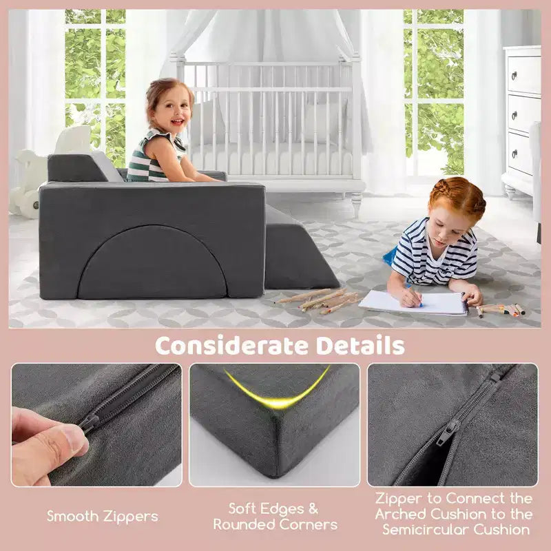 Costway Kids Modular Play Sofa 8 PCS with Detachable Cover for Playroom & Bedroom Indoor Pink/Grey