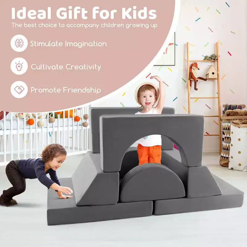 Costway Kids Modular Play Sofa 8 PCS with Detachable Cover for Playroom & Bedroom Indoor Pink/Grey