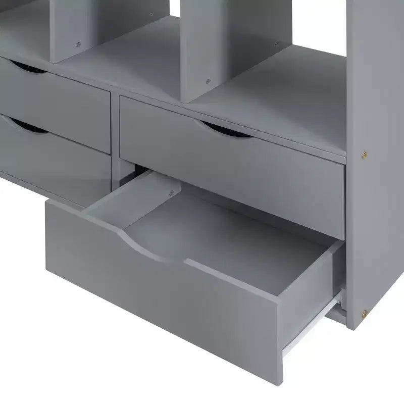 Twin/Full Size Loft Bed with Large Shelves, Writing Desk and LED Light 4A - ModernLuxe