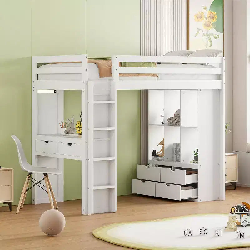 Twin/Full Size Loft Bed with Large Shelves, Writing Desk and LED Light 4A - ModernLuxe