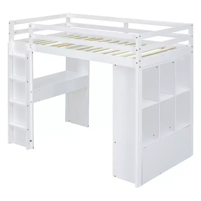 Twin/Full Size Loft Bed with Large Shelves, Writing Desk and LED Light 4A - ModernLuxe