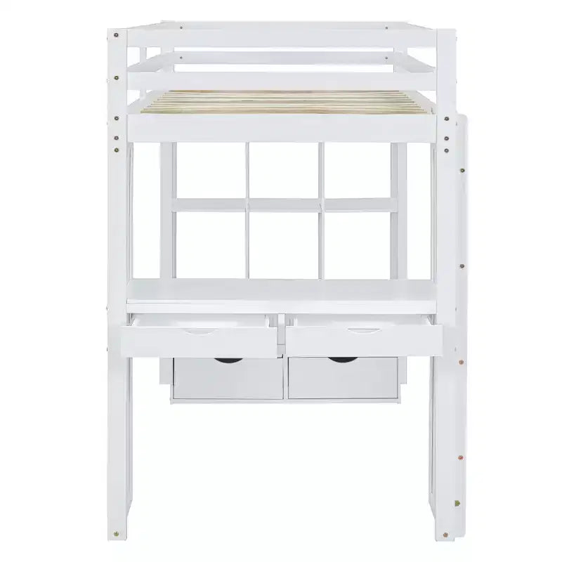 Twin/Full Size Loft Bed with Large Shelves, Writing Desk and LED Light 4A - ModernLuxe
