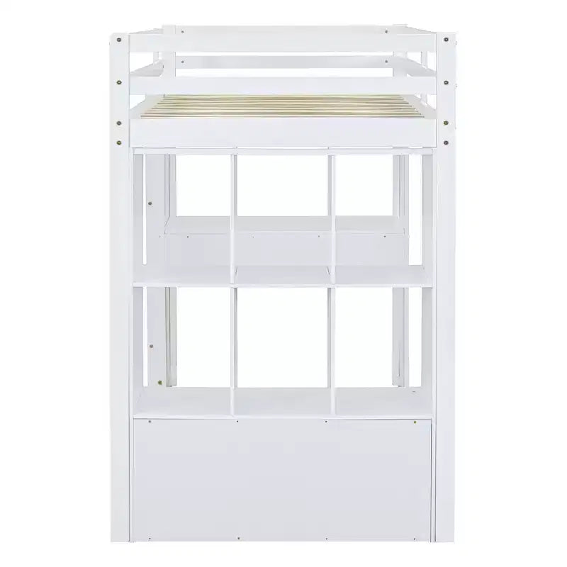 Twin/Full Size Loft Bed with Large Shelves, Writing Desk and LED Light 4A - ModernLuxe