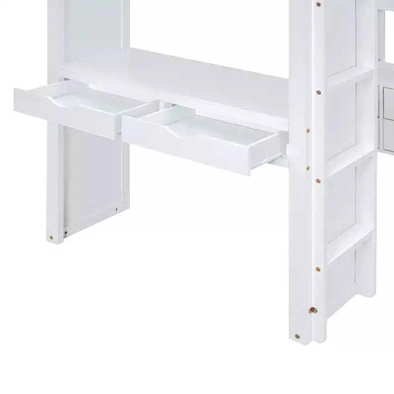 Twin/Full Size Loft Bed with Large Shelves, Writing Desk and LED Light 4A - ModernLuxe