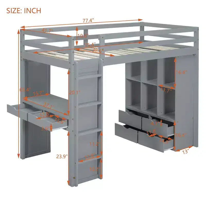 Twin/Full Size Loft Bed with Large Shelves, Writing Desk and LED Light 4A - ModernLuxe