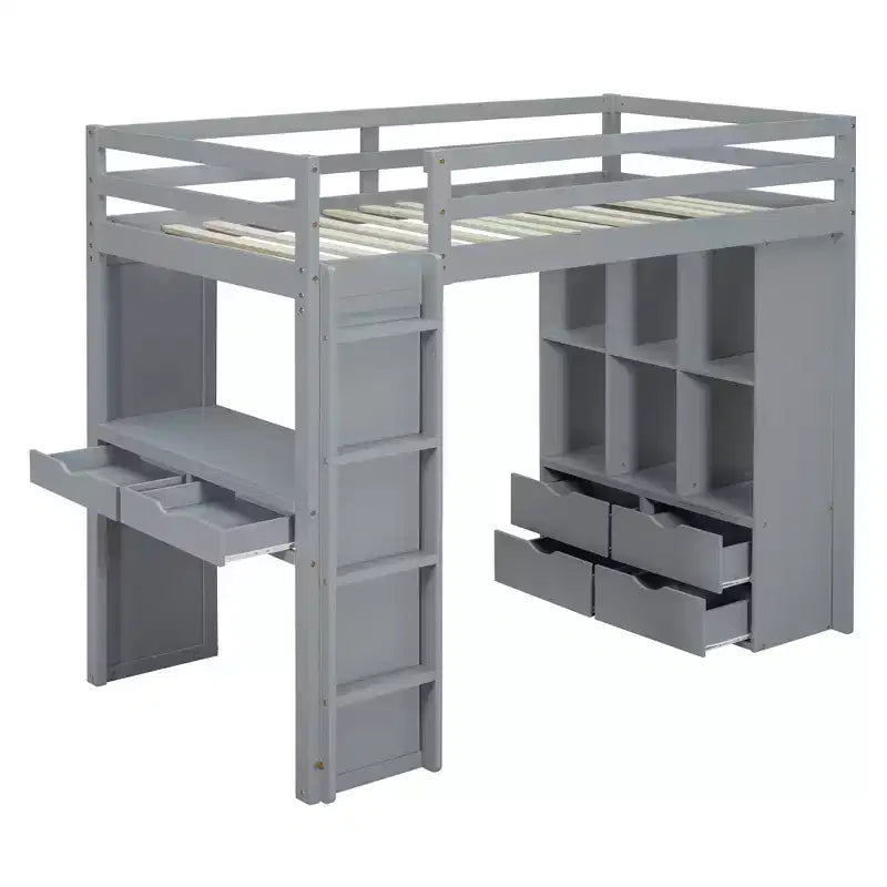 Twin/Full Size Loft Bed with Large Shelves, Writing Desk and LED Light 4A - ModernLuxe