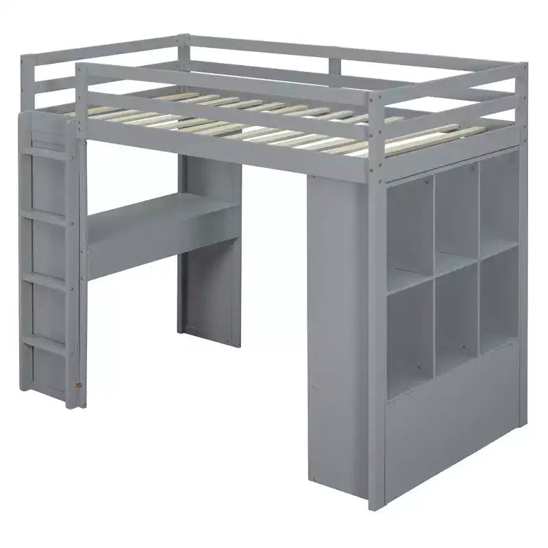 Twin/Full Size Loft Bed with Large Shelves, Writing Desk and LED Light 4A - ModernLuxe
