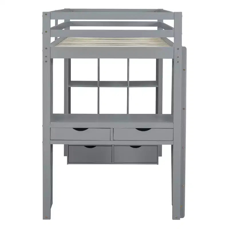 Twin/Full Size Loft Bed with Large Shelves, Writing Desk and LED Light 4A - ModernLuxe