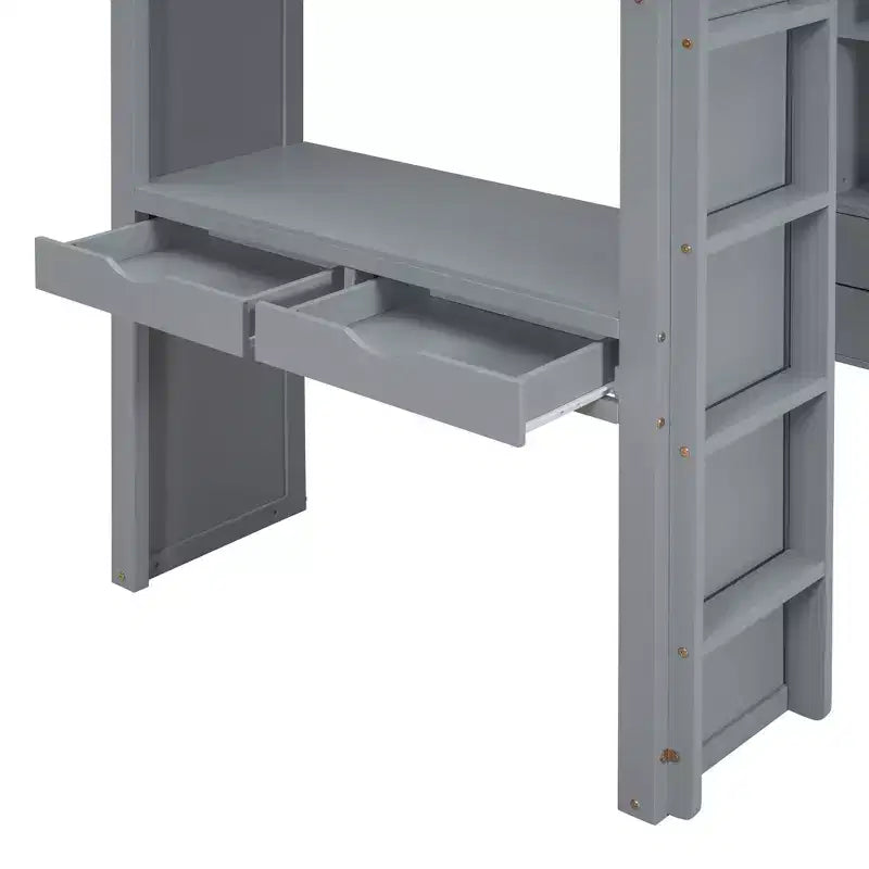 Twin/Full Size Loft Bed with Large Shelves, Writing Desk and LED Light 4A - ModernLuxe
