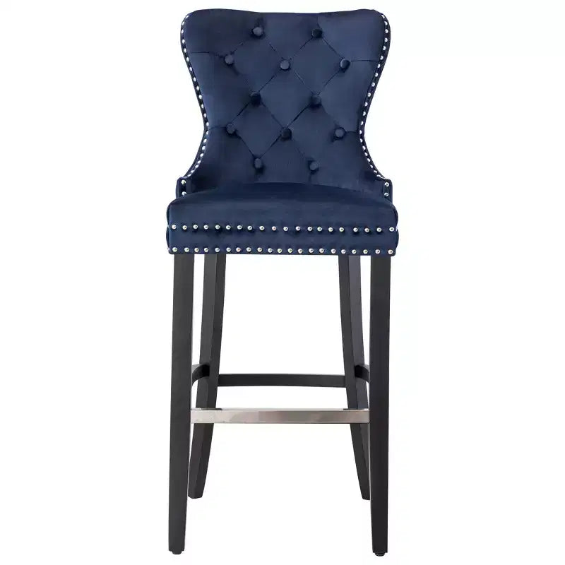 WestinTrends 29 Tufted Upholstered Velvet Bar Stool with Metal Footrest, Velvet Navy Blue