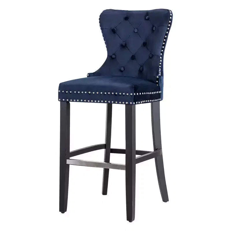 WestinTrends 29 Tufted Upholstered Velvet Bar Stool with Metal Footrest, Velvet Navy Blue