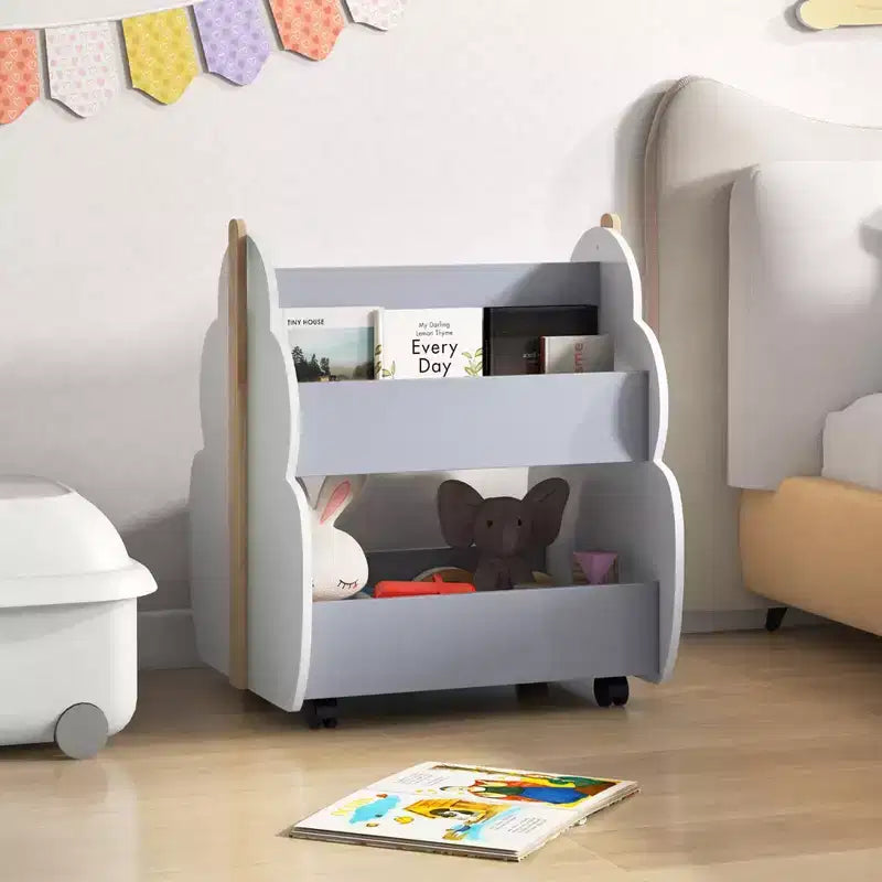 Costway Bibliothèque pour enfants en bois avec roulettes, étagère de rangement à jouets à 2 niveaux, bibliothèque double face, gris/naturel